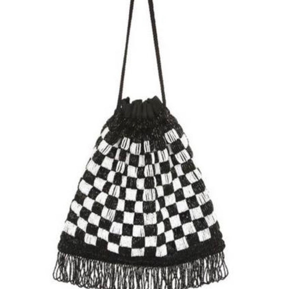 Staud Beaded Gabbi Checkered Wristlet Bag